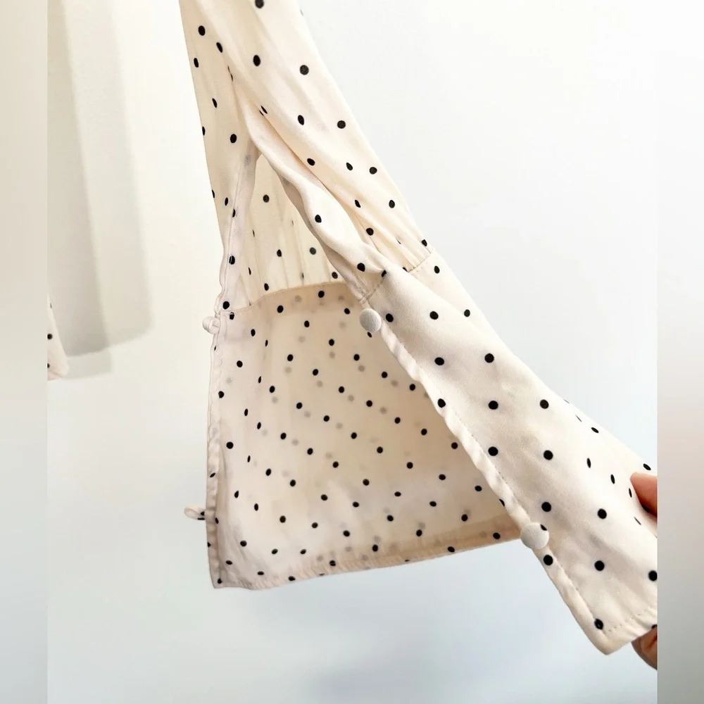 Free People Beige Pink Kennedy Button Down Polka Dot Bell Sleeve Blouse Size L - Picture 9 of 13